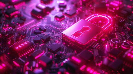 Poster - A neon-lit padlock symbol over a dense circuit board highlights digital security and cyber protection concepts.