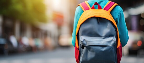 Wall Mural - Back to school concept with a school backpack and colorful school supplies on a black chalkboard background Copy space image