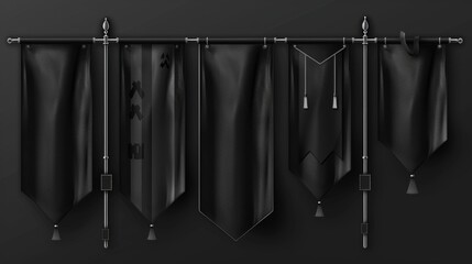 Poster - A realistic modern template of fabric promotion posters and advertising striped canvas pennants hanging on a metal frame.