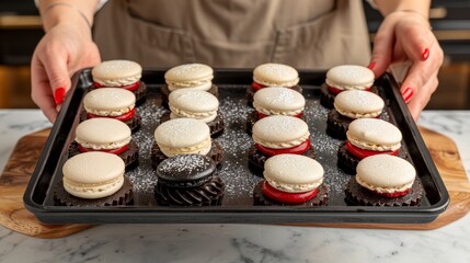 Talented baker arranging colorful macarons and petit fours for an elegant dessert display