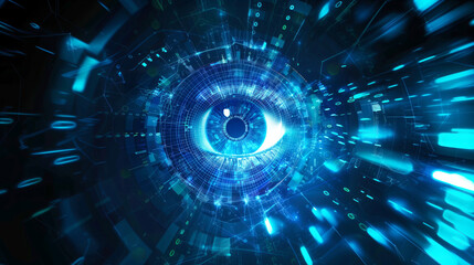 Wall Mural - Futuristic digital eye symbolizing advanced surveillance technology in a cybernetic space