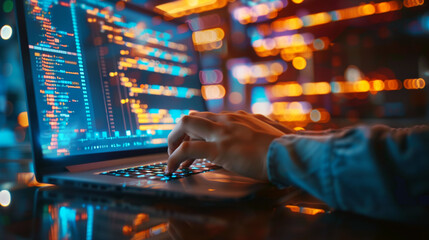 Poster - Expert cybersecurity analyst coding on a laptop in a digital data center environment.