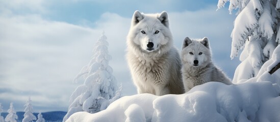 An image featuring Arctic Wolves in a scenic winter setting with ample empty space for copying text or graphics