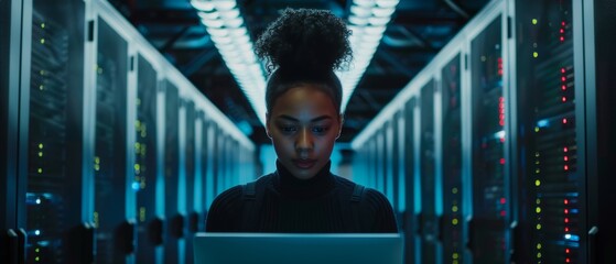 Poster - Data Center Engineer using Laptop Computer. Multiethnic Female System Administrator Working with Data Protection Network for Cyber Security in Server Farm Facility.