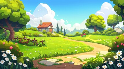 Wall Mural - Modern cartoon illustration of a rural summer scene of meadows, garden and path, with green grass, trees, and bushes.