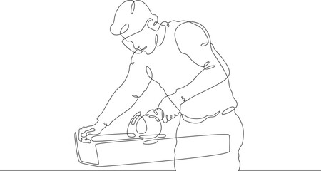 Wall Mural - A joiner at work. A carpenter works with a tool on wood. Woodworking. Wood carver. One continuous line. Line art. Minimum one line. White background. One line drawing.