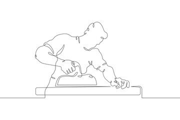 Wall Mural - A joiner at work. A carpenter works with a tool on wood. Woodworking. Wood carver. One continuous line. Line art. Minimum one line. White background. One line drawing.