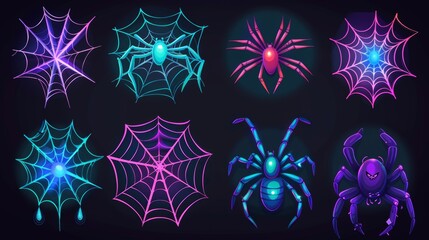 Halloween spider web set, cobwebs, spooky insect net collection for greeting cards. Scary, horror modern illustration.