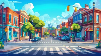 Canvas Print - The old town landscape with retro buildings and crossroads with traffic lights, city street with old houses, car road intersection and pedestrian crosswalk. Modern cartoon illustration of old town