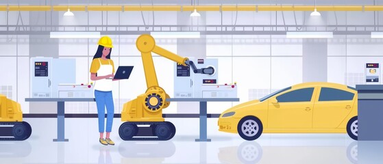 Poster - An automotive engineer wears a hardhat while standing, using a laptop to monitor, control, and manufacture electric vehicles using an automated robot arm assembly line.