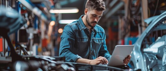 Sticker - An attractive young engineer works on a laptop computer in a car assembly plant office managing projects. A talented industrial specialist works on parts for vehicles at a technological development