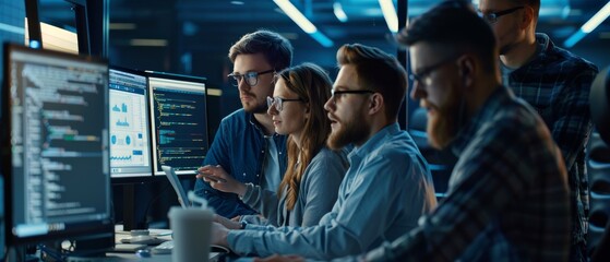 Poster - In modern office, a diverse group of professionals meet: IT professionals use computers, discuss strategy, and develop innovative software. Engineers make inspiring apps.