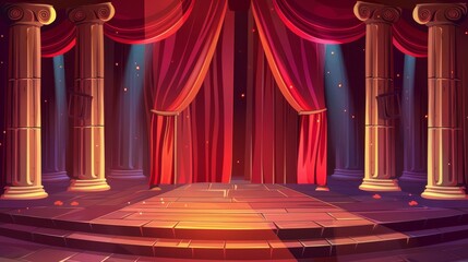 Wall Mural - Modern cartoon illustration of vintage theater interior with pillars, wooden floor, columns, and red drapery.