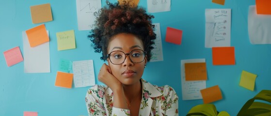 Poster - An African American Businesswoman creates her project plan on the wall using paper notes. A stylish, confident manager with extensive experience in business, finance, and marketing. A specialist in