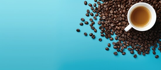 Wall Mural - A flat lay composition featuring a top view of black coffee symbolizing morning energy and evening refreshment The coffee is placed on a blue background with copy space for text in a banner style