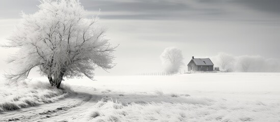 Sticker - A freezing rural scene with a black and white winter landscape offering plenty of copy space for use