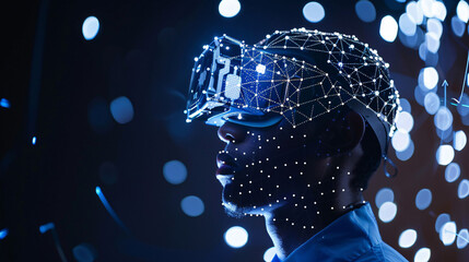 a close-up of a man wearing vr glasses with digital overlays and data points mapping his facial feat