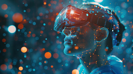 Wall Mural - A close-up of a woman wearing VR glasses with digital overlays and data points mapping his facial features.
