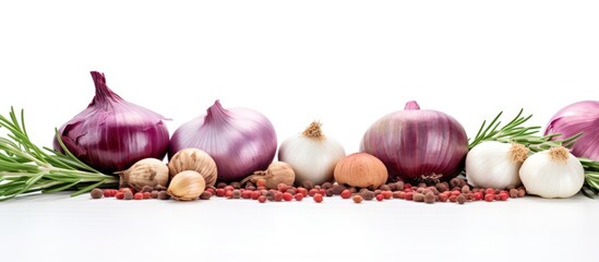 Sticker - Red onions garlic and rosemary along with peppercorns and spices are beautifully arranged on a pristine white background leaving ample space for adding text