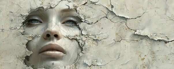 Wall Mural - Abstract female face. Human like woman with web and cracks in features.