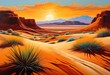 illustration, mesmerizing desert capturing beauty arid landscapes series paintings, scenery, sand, dunes, wilderness, horizon, rocks, cacti, oasis