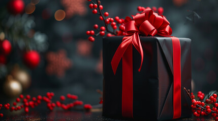 Black gift box with ribbon and christmas decoration