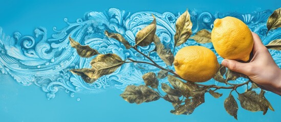 A man s hand picking a ripe lemon against a blue sky grunge copy space image with decorative swirls and scrolls