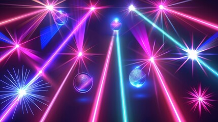 Poster - Isolated on transparent background, neon glow effect, light beams, lasers, disco ball color flashes on black background and abstract flares. Modern realistic set, abstract flares on black background,