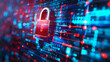 A digital padlock symbolizing cybersecurity superimposed on binary code data streams, reflecting a secure digital environment.