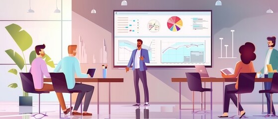 Poster - An enthusiastic businessman leads a business meeting with managers, talks, and uses projection TV to show statistics, charts, and big data. Entrepreneurs work on e-commerce projects.