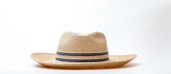 Straw cowboy hat with black stripes on a white background representing the concept of a summer vacation Image with copy space