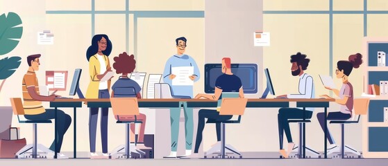 Poster - Teacher teaches new academic skills to female and male students in college room, giving them a lesson about new academic skills on a computer as a lecturer helps scholars with projects and advises
