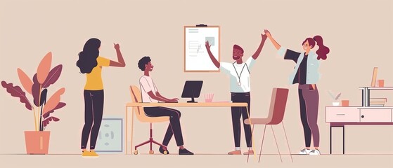 Canvas Print - In college room, female and male students from diverse backgrounds are taught software engineering by a lecturer who advises them. Teacher gives high five to diverse multiethnic group of students.