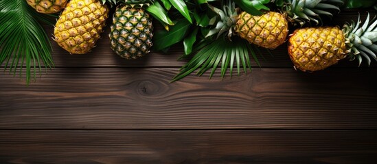 A tropical food concept with a white background featuring a top view of green palm leaves branches and pineapples creating a vibrant fruity copy space image
