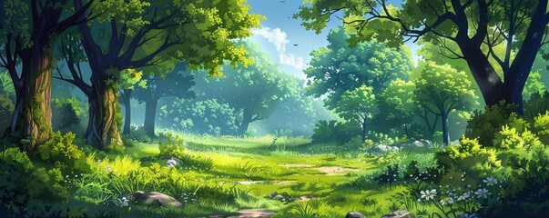 Wall Mural - anime cartoon style woodland forest background banner, generated ai