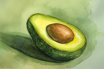 Handmade watercolor avocado illustration depicting ripe. Organic. And nutritious fruit with healthy fats. Perfect for culinary and dietary art. Ideal for vegetarian and vegan food