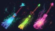 The witch's broomsticks are illustrated with neon colors and shimmers on a dark background. A modern illustration of a wooden handle glowing with neon colors and sparkles makes a great Halloween