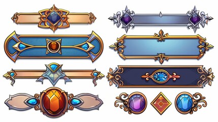 Wall Mural - Modern cartoon set in gold and silver with a medieval border and gems. The frames are perfect for rpg game interfaces.