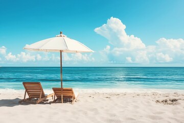 Tranquil and serene beach relaxation scene with lounge chairs. Parasol. Clear sea. And blue sky. Perfect for vacation and travel in the summer. Offering a peaceful and idyllic getaway by the calm