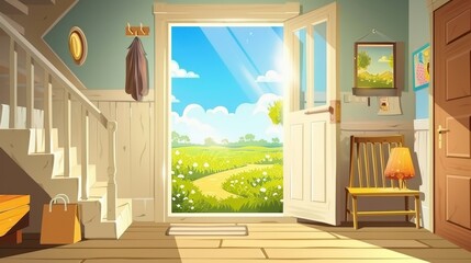 Poster - Modern interior of a hallway with stairs and a large open door. Summer sky and meadow landscape background in the home entrance window. Vintage furniture in the foyer with umbrella storage and a