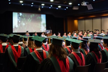 Group of medical graduates in gowns and caps during a commencement ceremony in an auditorium