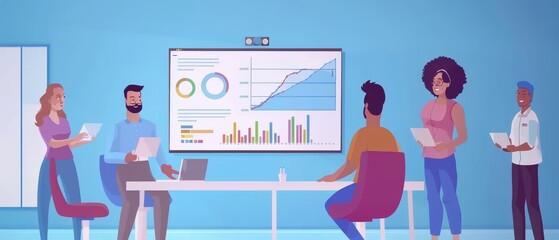 Poster - The Operations Manager gives a presentation during the business office meeting. The diverse team uses the TV screen to display Growth Analysis, Charts, Statistics, and Data.