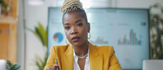 Poster - Sales Meeting Presentation by the Company Operations Director. Creative Black Female Uses TV Screen with Growth Analysis, Charts, and Ad Revenue. Work in the Business Office.