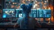 Woman in control room monitors servers with advanced technology for cybersecurity company. Concept Female IT Professional, Cybersecurity Technology, Control Room