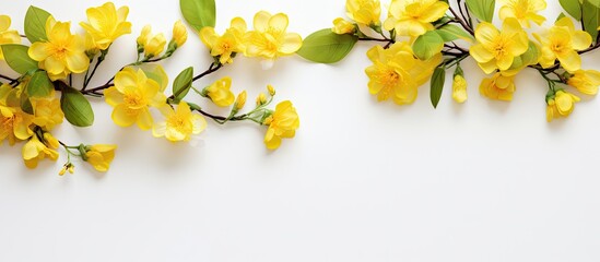 Sticker - The copy space image features a vibrant arrangement of yellow flowers and green leaves against a white backdrop