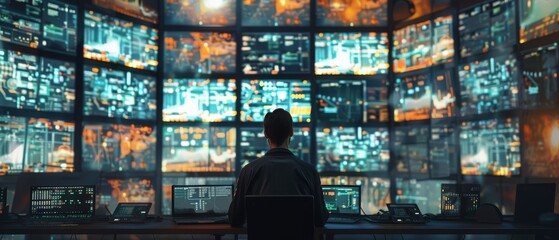 Wall Mural - An operator sits in the System Control Room and monitors various activities through multiple displays with graphics. He is responsible for the company's information security.