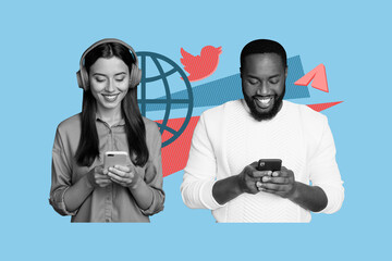 Poster - Creative collage young smiling people social media users twitter messenger app internet web connection digital devices communication