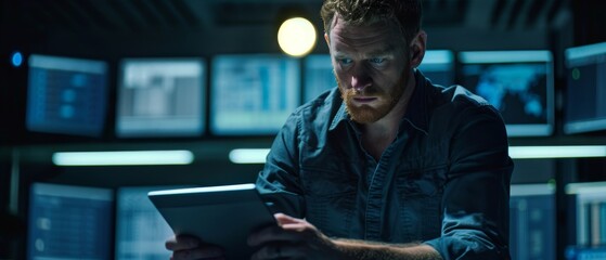 Poster - Several Caucasian male employees use tablets at night in system control monitoring centers. An evening office in the background. Cybersecurity concept using network protection and cyber security