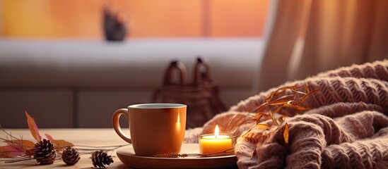 Sticker - Copy space image of a warm and inviting autumn home set up featuring a cup of tea flickering candles and a cozy knitted item all against a softly blurred room interior backdrop