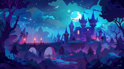Wall Mural - This fantasy illustration shows a castle at night. A medieval village with a bridge, tower, crown, and gates made of stone, with a stone bridge, towers, and crowns. The illustration is a modern